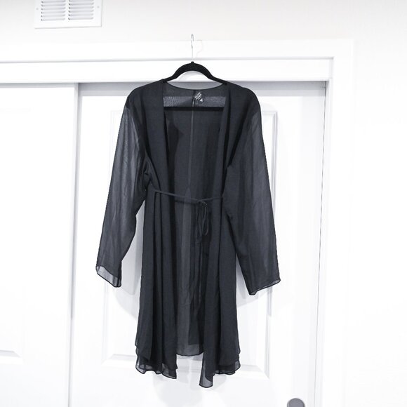 Eileen Fisher Woman 1X Black Tie Waist Long Sheer Blouse Robe - Picture 3 of 9